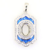Sterling Silver semi mount pendant setting with oval cut, halo baguette Created Corundum and White Topaz gemstones.